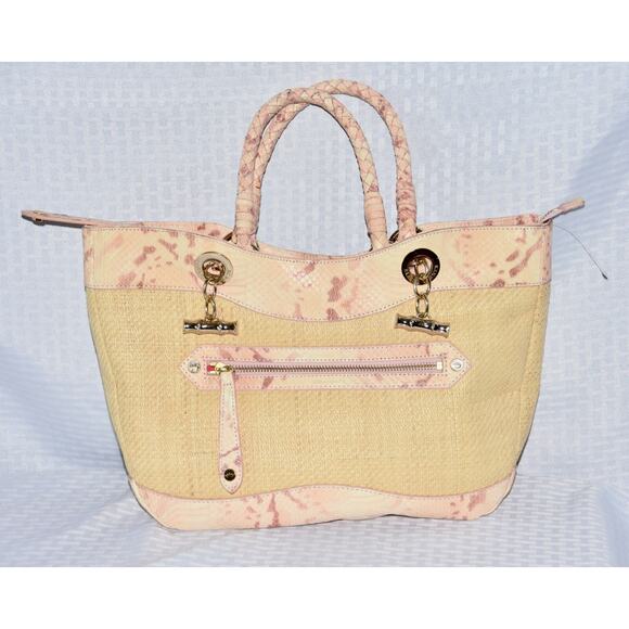 Elaine Turner Straw Purse With Snake Print Leather Bamboo Toggle Detail Handbag - Picture 1 of 8